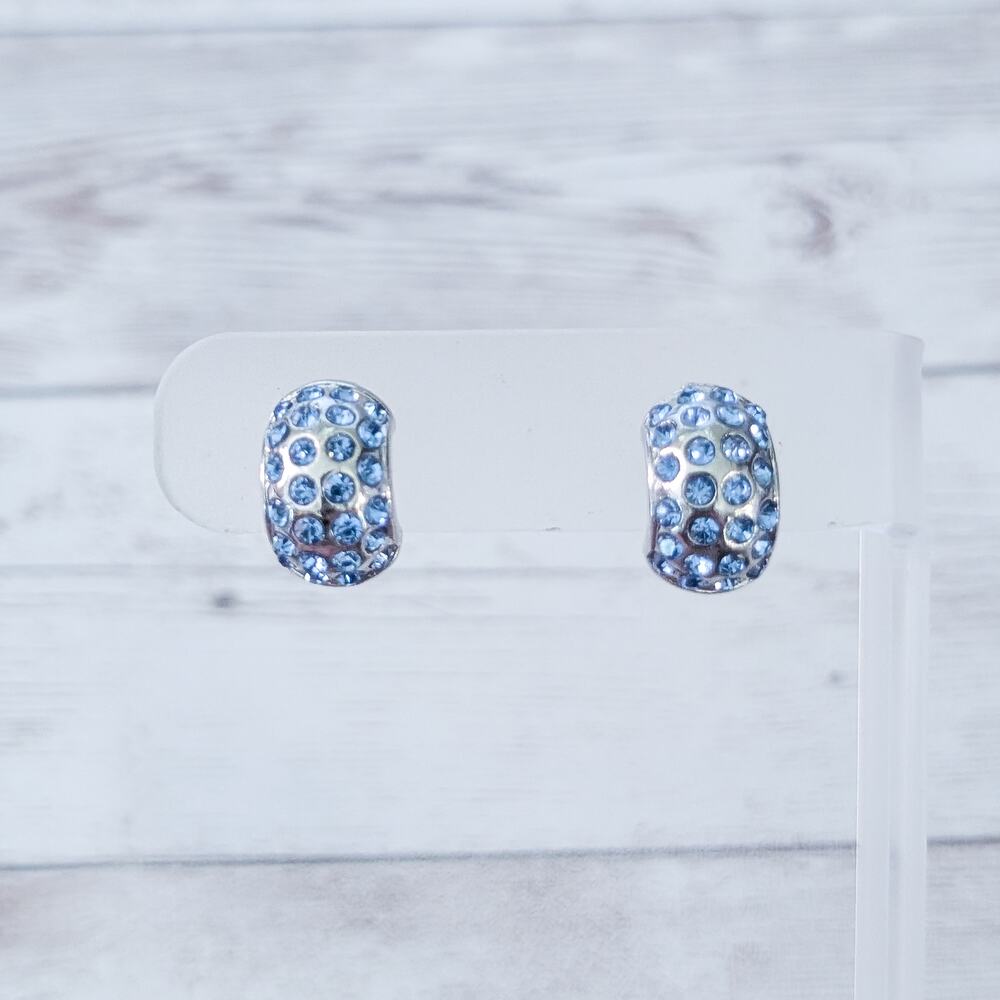 Vintage Clip On Earrings Silver Tone & Blue Gem Chunky Half Hoops